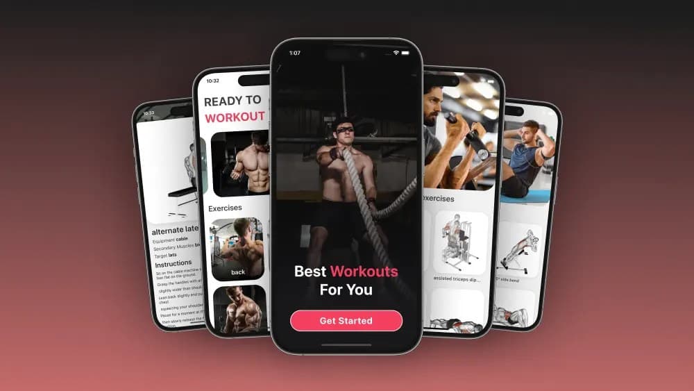 Fitness App — Workouts by muscle group, with an exercise library behind it