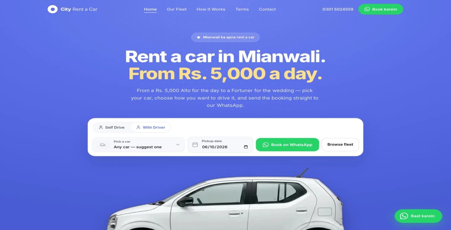 City Rent a Car — Rent a car in Mianwali, booked on WhatsApp